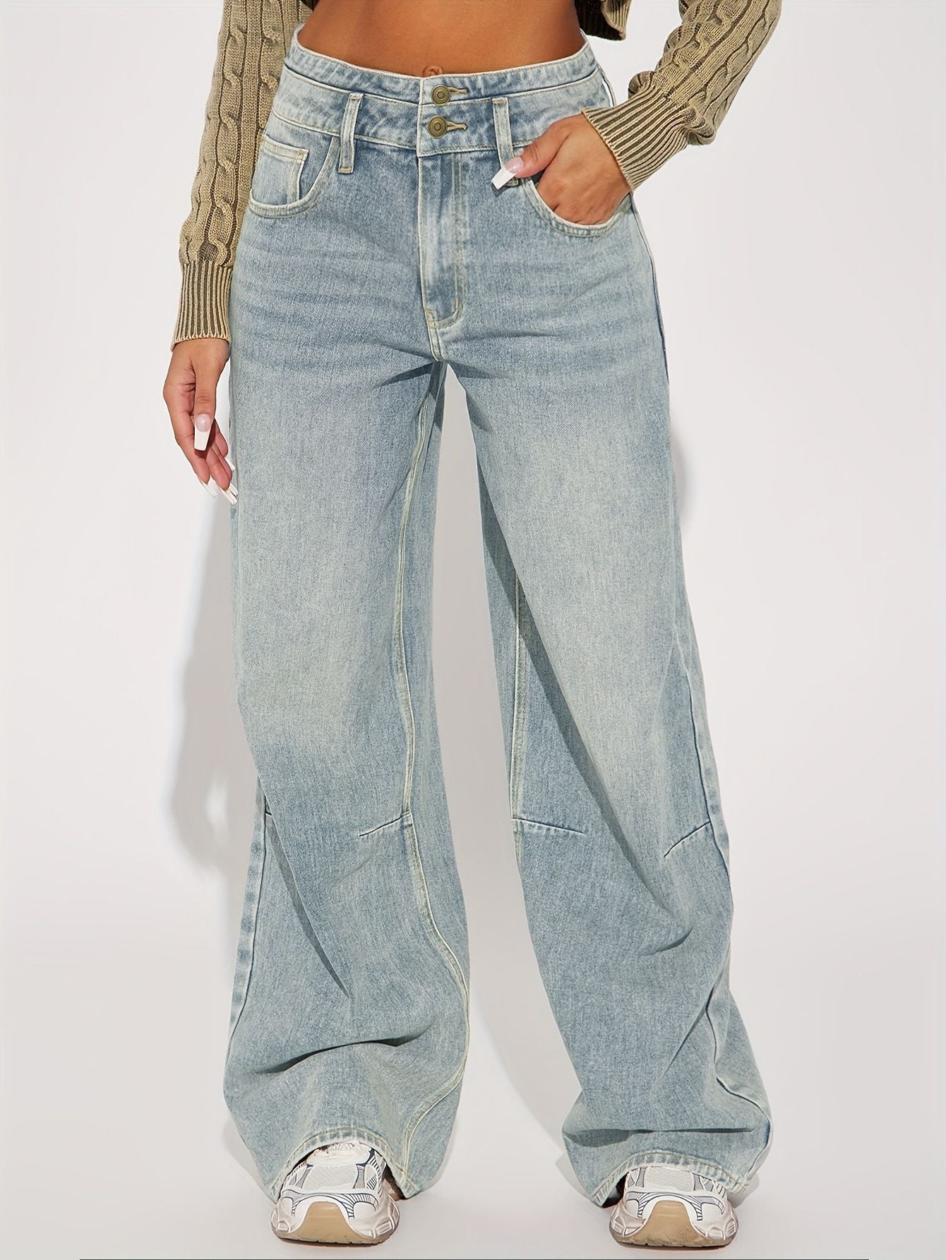 2026 New Cross-Border Foreign Trade Amazon European And American Women's Jeans With Double-Layer Waist Buttoning, Vintage Wide-Leg Jeans